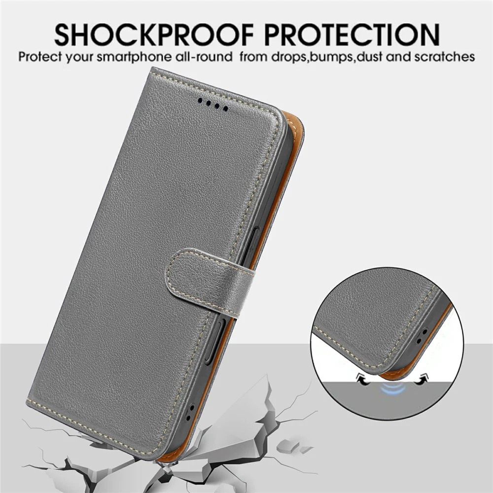 For iPhone 17 Pro Max Case RFID Blocking Wallet Litchi Texture Leather Phone Cover Magnetic Clasp - Grey - Image 4