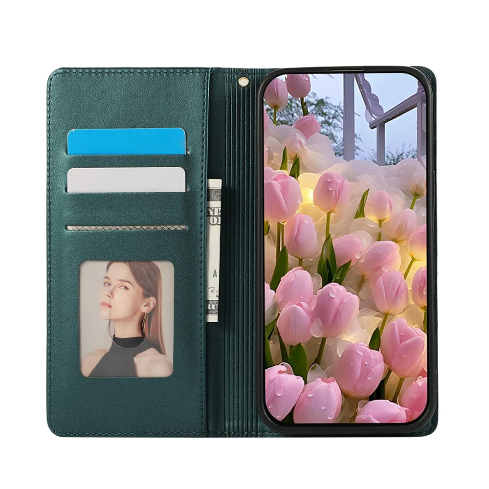 For iPhone 17 Pro Max Case RFID Blocking Wallet Stand Rhombus Leather Phone Cover with Wrist Strap - Green - Image 2