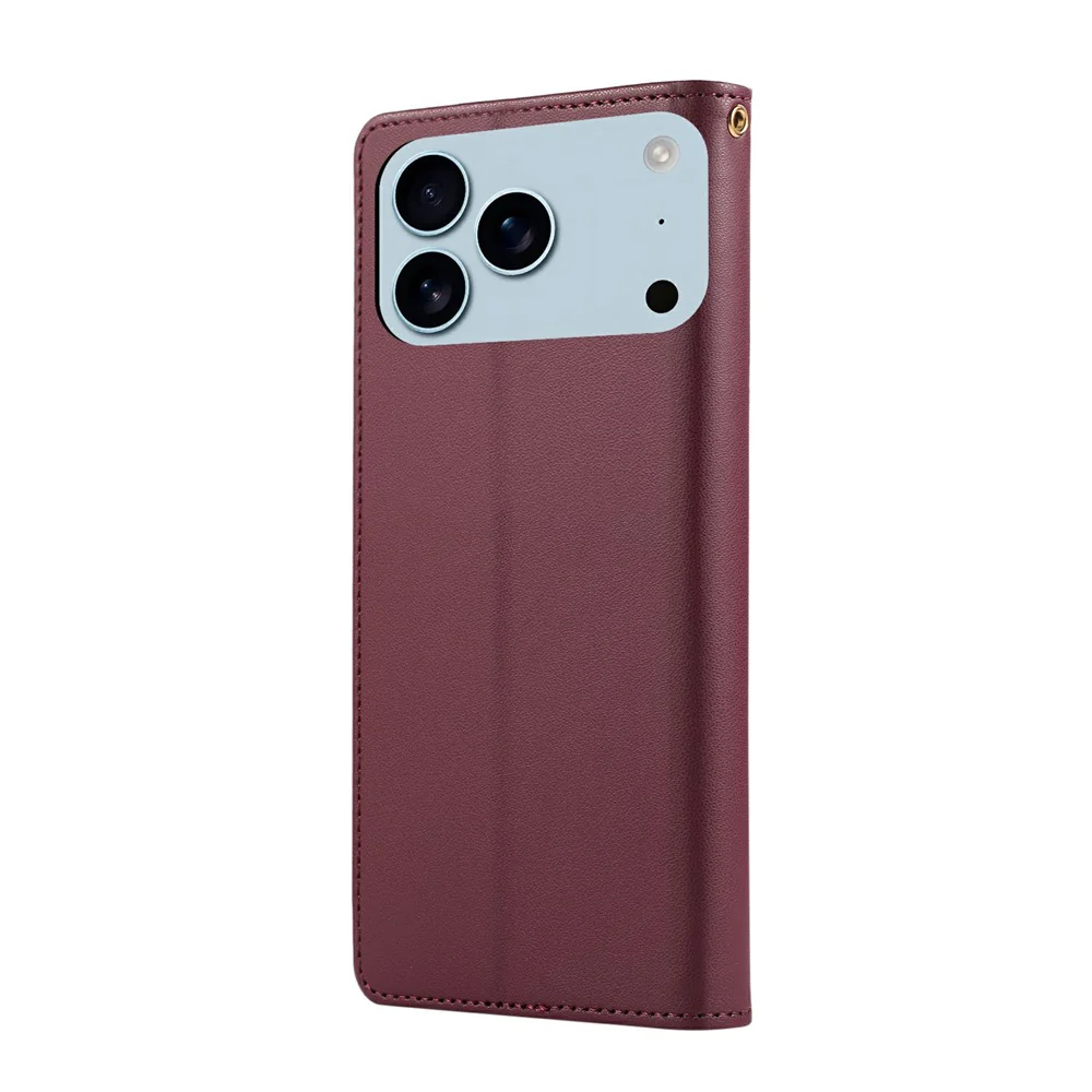 For iPhone 17 Pro Max Case RFID Blocking Wallet Stand Rhombus Leather Phone Cover with Wrist Strap - Red - Image 7