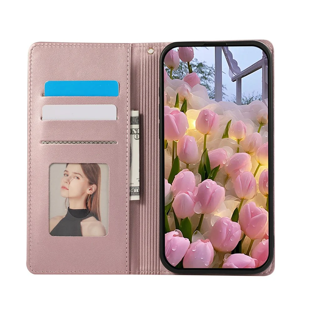 For iPhone 17 Pro Max Case RFID Blocking Wallet Stand Rhombus Leather Phone Cover with Wrist Strap - Rose Gold - Image 2