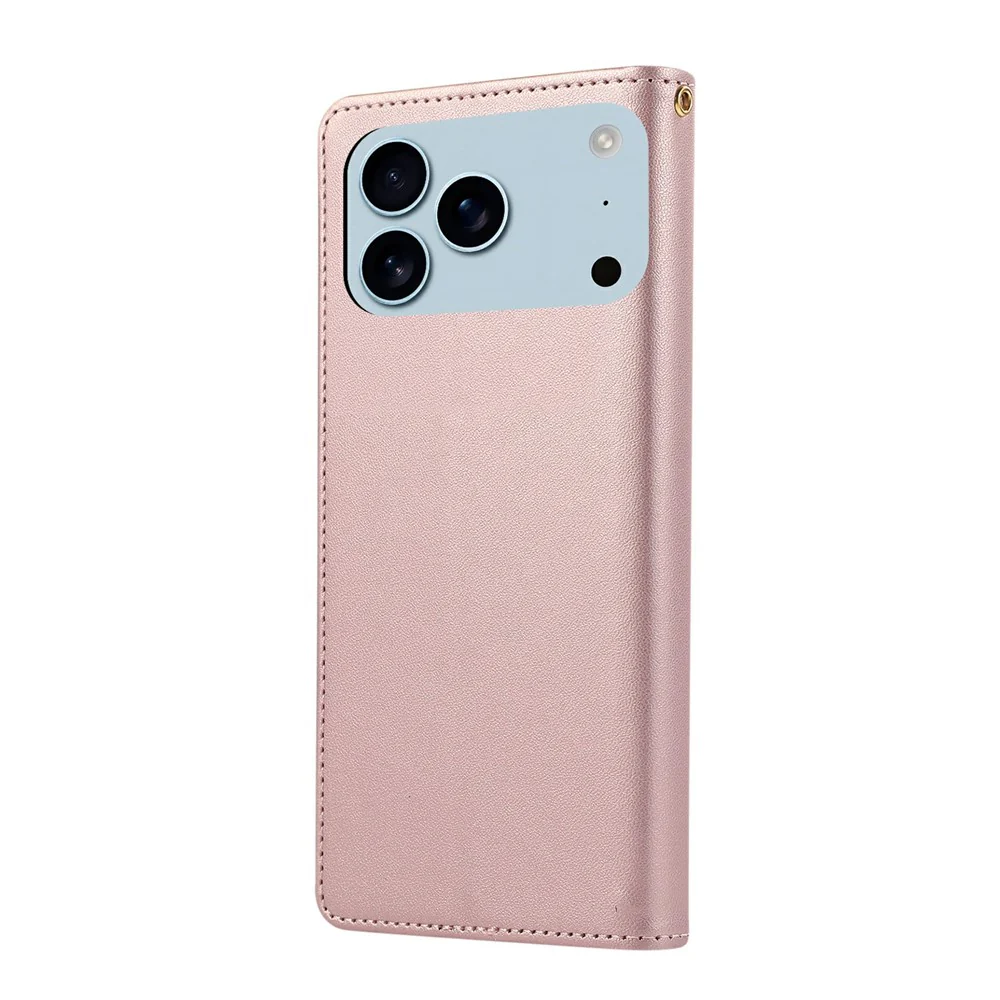 For iPhone 17 Pro Max Case RFID Blocking Wallet Stand Rhombus Leather Phone Cover with Wrist Strap - Rose Gold - Image 7