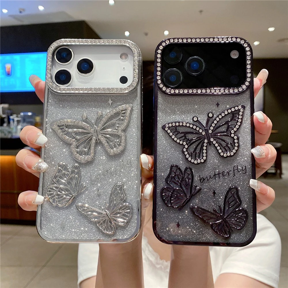 For iPhone 17 Pro Max Case Rhinestone Butterfly Decor TPU Phone Back Cover - Gold - Image 3