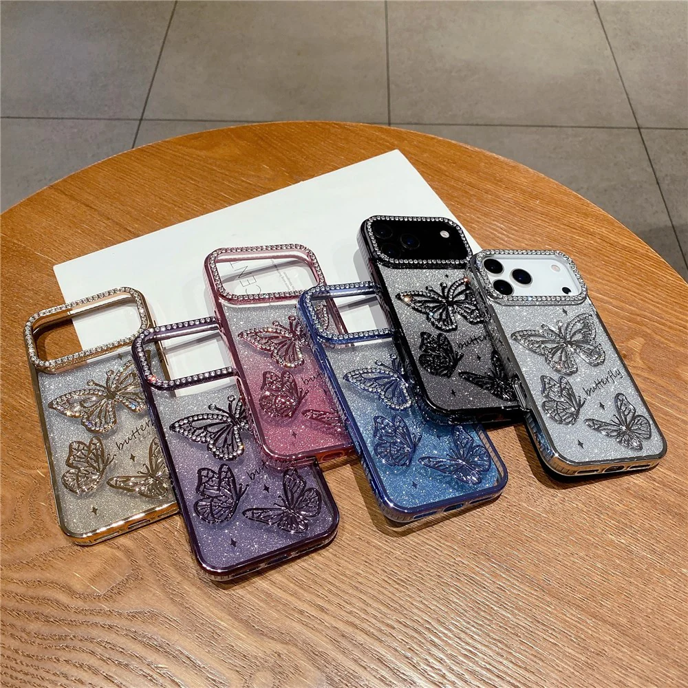 For iPhone 17 Pro Max Case Rhinestone Butterfly Decor TPU Phone Back Cover - Gold - Image 5