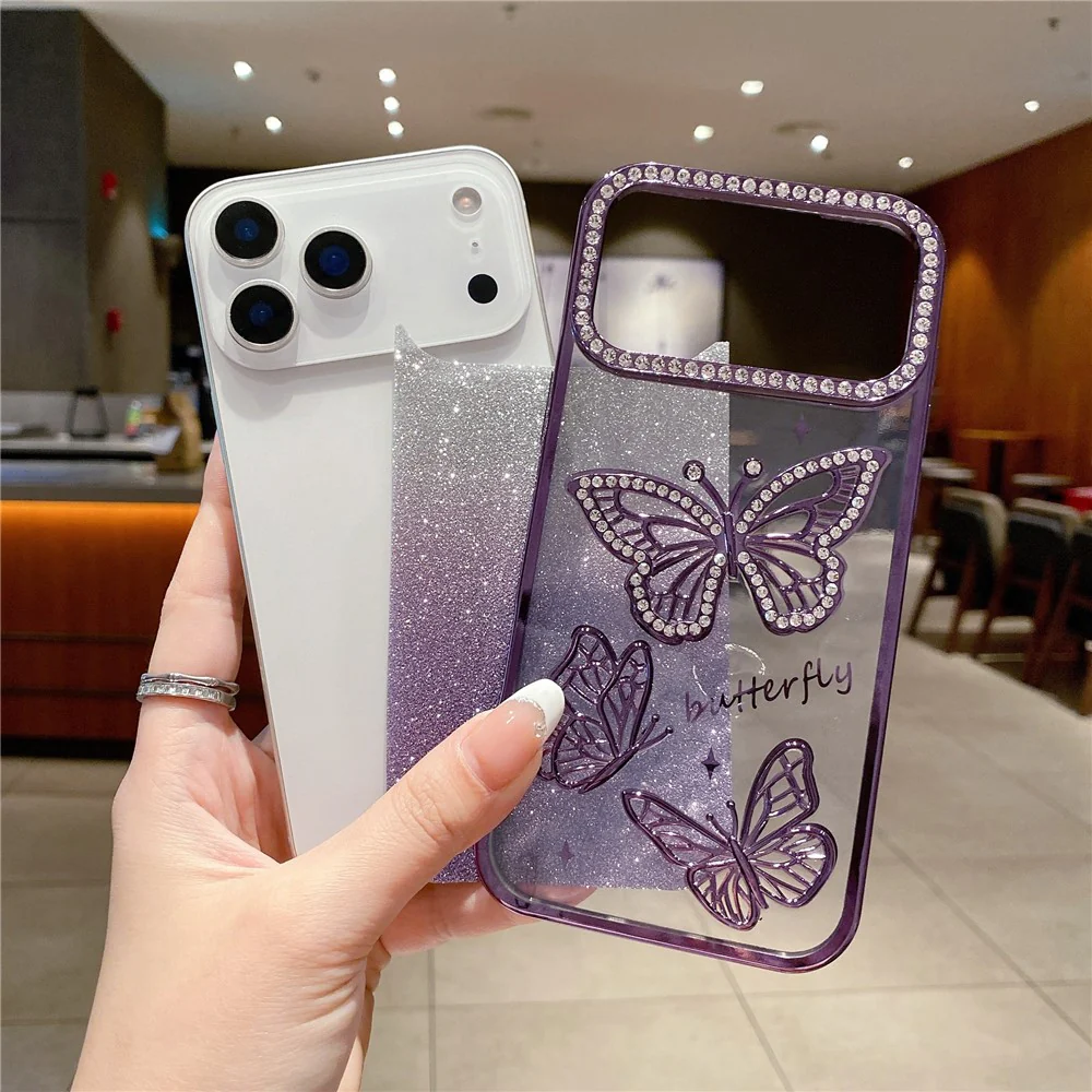 For iPhone 17 Pro Max Case Rhinestone Butterfly Decor TPU Phone Back Cover - Purple - Image 2
