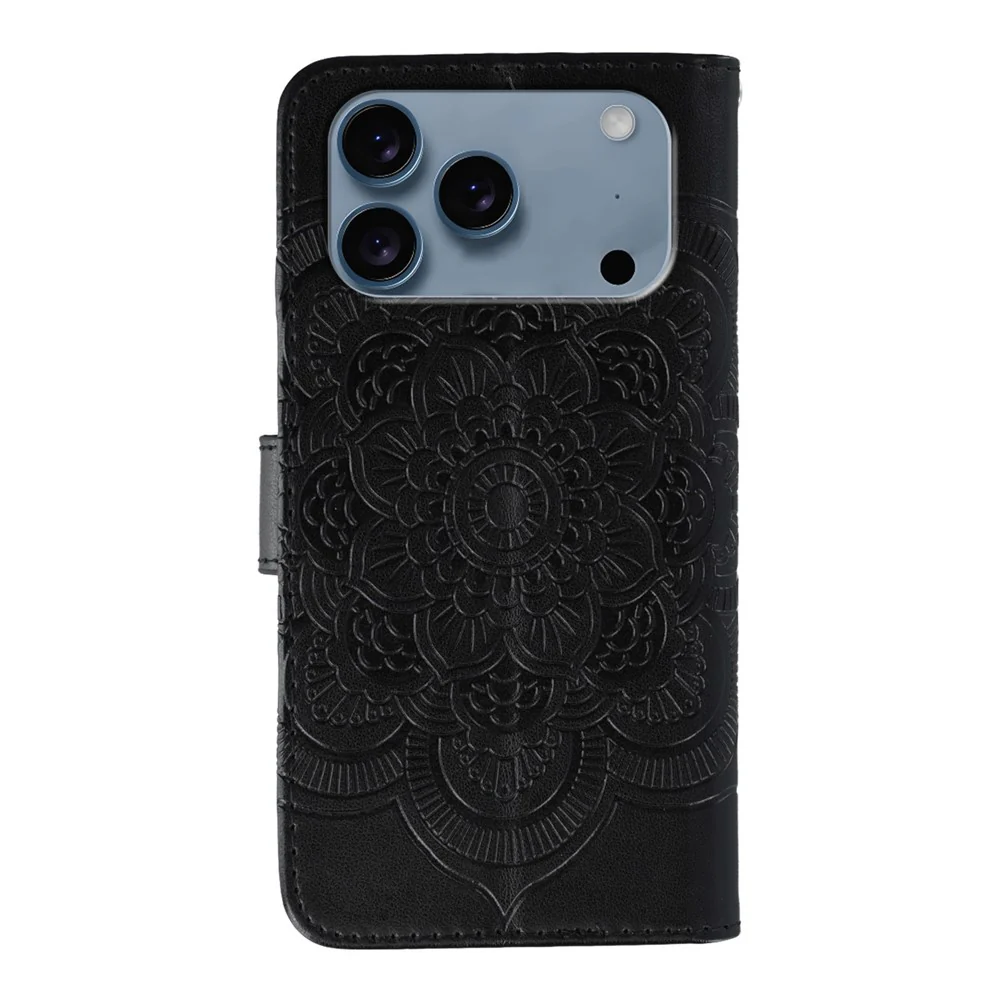 For iPhone 17 Pro Max Case Rhinestone Decor PU Leather Mandala Imprinted Design Phone Cover with Wrist Strap - Black - Image 5