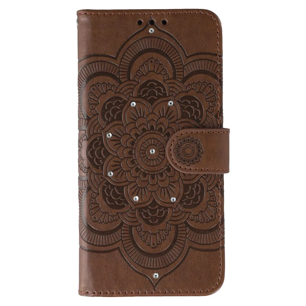 For iPhone 17 Pro Max Case Rhinestone Decor PU Leather Mandala Imprinted Design Phone Cover with Wrist Strap - Brown - Image 4