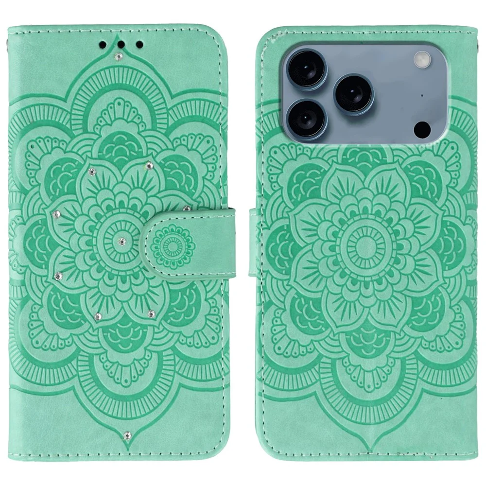 For iPhone 17 Pro Max Case Rhinestone Decor PU Leather Mandala Imprinted Design Phone Cover with Wrist Strap - Green