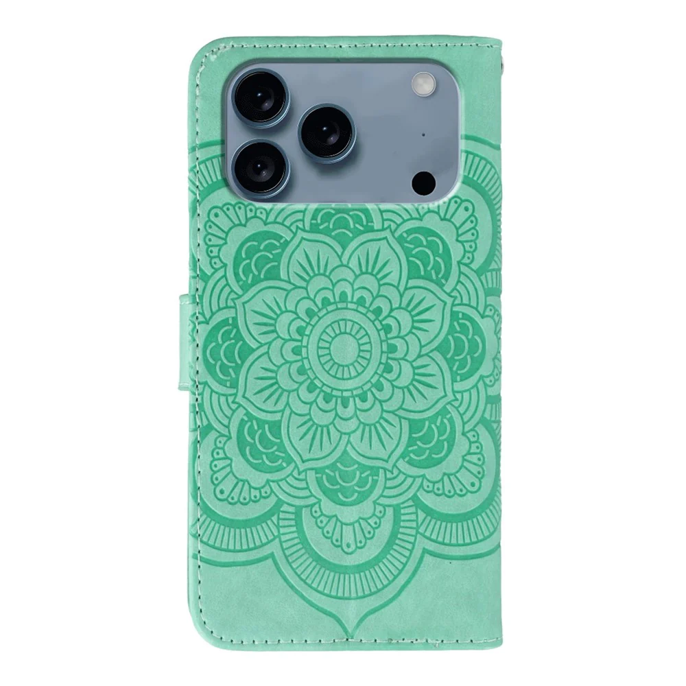 For iPhone 17 Pro Max Case Rhinestone Decor PU Leather Mandala Imprinted Design Phone Cover with Wrist Strap - Green - Image 5