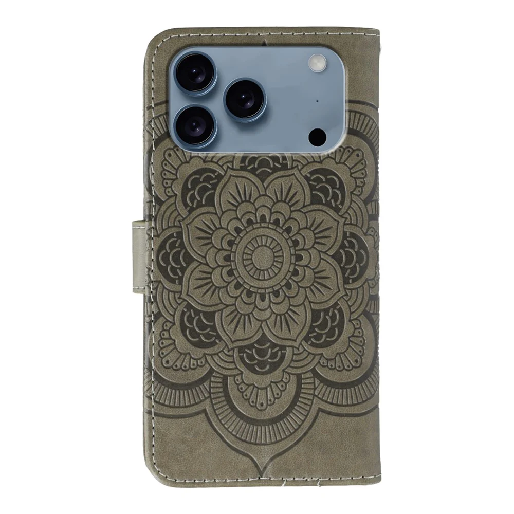 For iPhone 17 Pro Max Case Rhinestone Decor PU Leather Mandala Imprinted Design Phone Cover with Wrist Strap - Grey - Image 5