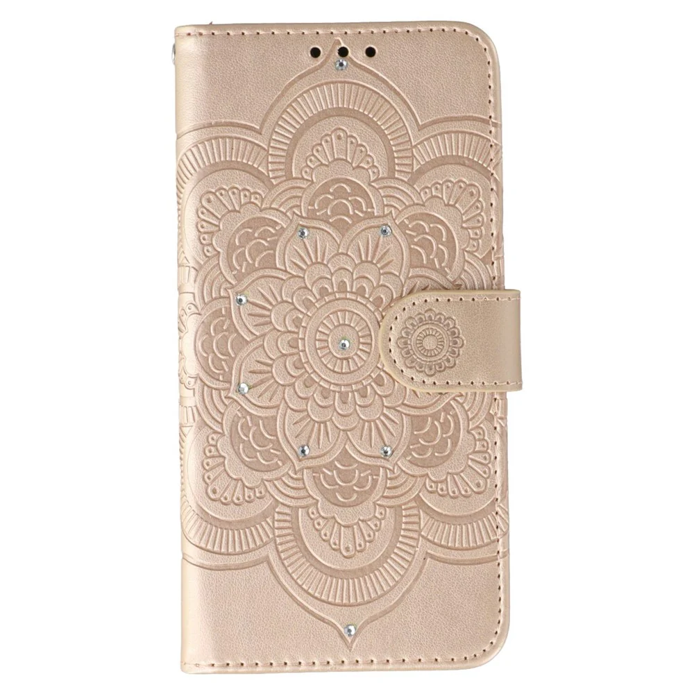 For iPhone 17 Pro Max Case Rhinestone Decor PU Leather Mandala Imprinted Design Phone Cover with Wrist Strap - Rose Gold - Image 4
