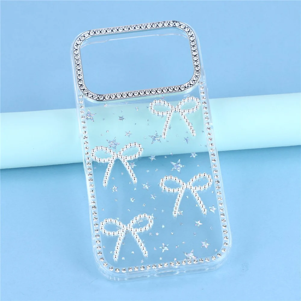 For iPhone 17 Pro Max Case Rhinestone Edge Butterfly Bow Decor TPU + PC IMD Phone Cover - Starry Transparent - Image 6