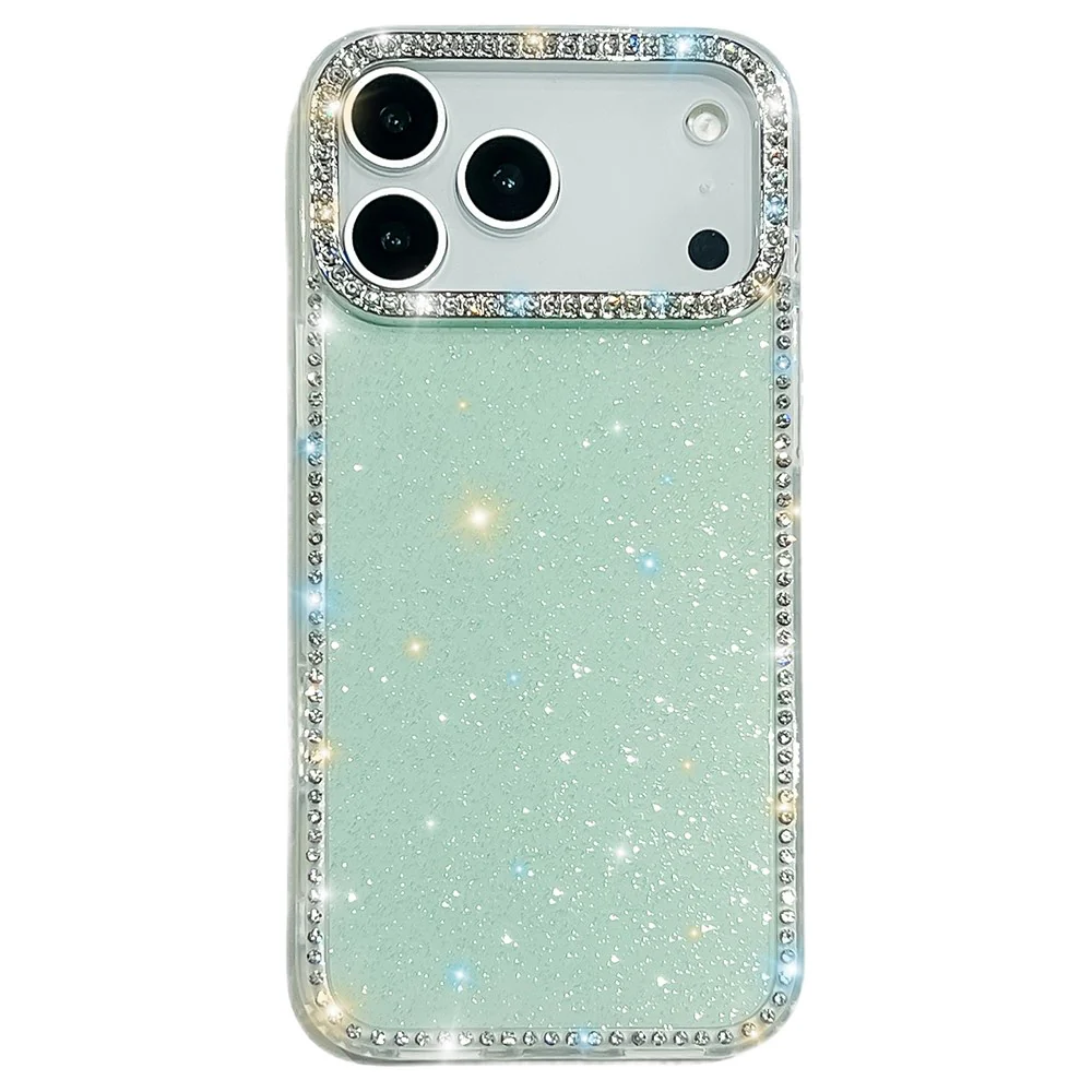 For iPhone 17 Pro Max Case Rhinestone Edge Glitter Back TPU + PC IMD Phone Cover - Glitter Light Green