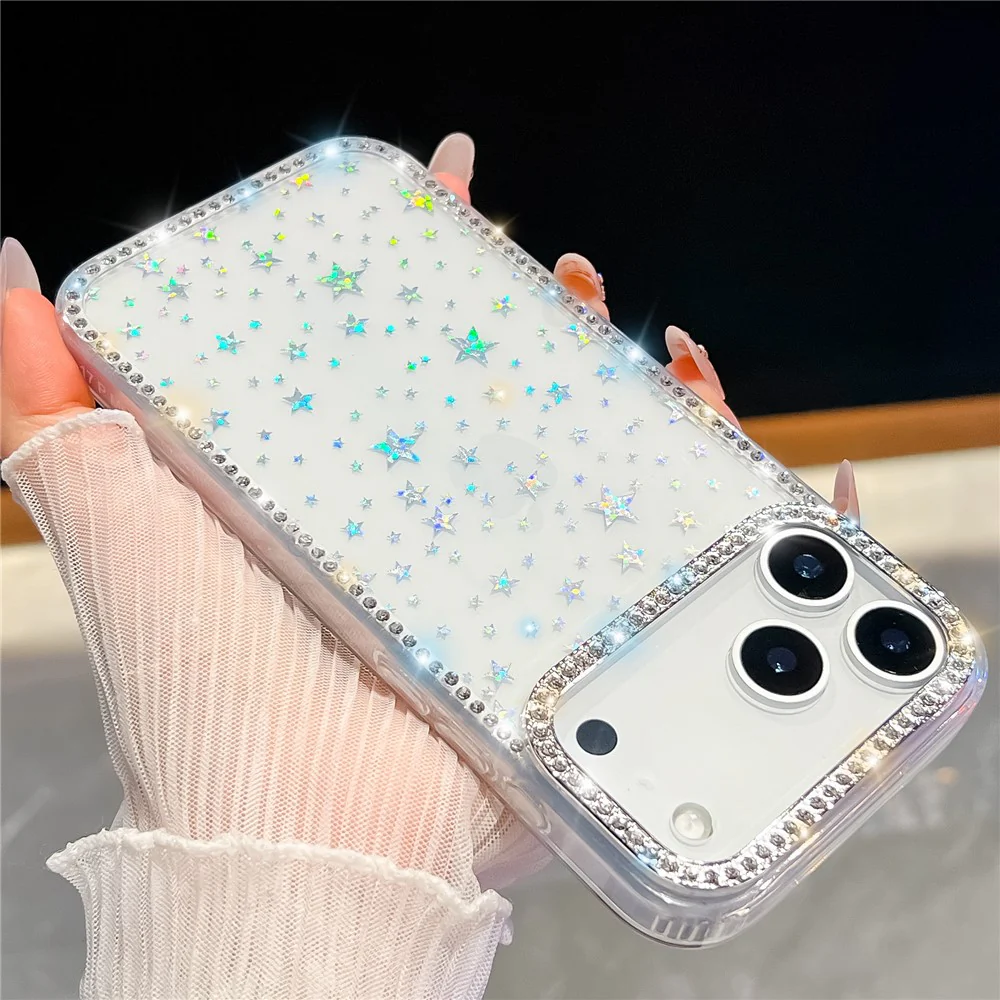 For iPhone 17 Pro Max Case Rhinestone Edge Glitter Back TPU + PC IMD Phone Cover - Starry Transparent - Image 3