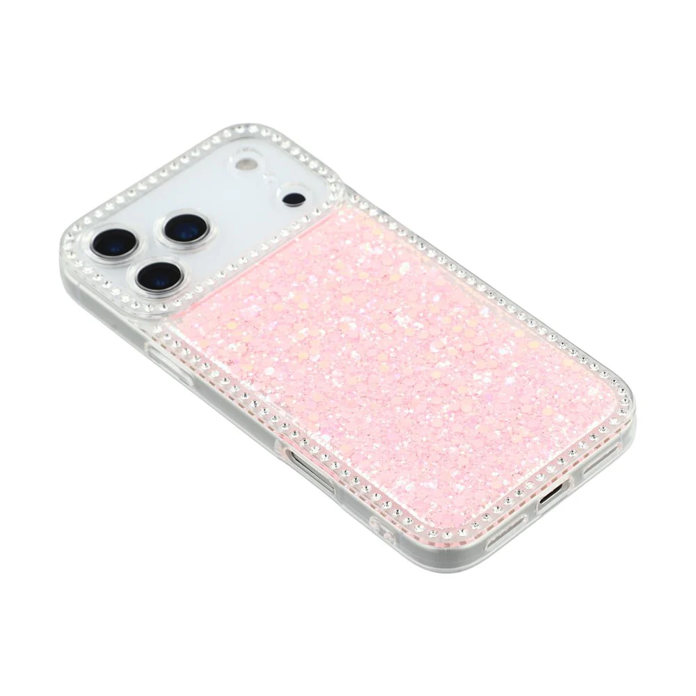 For iPhone 17 Pro Max Case Rhinestone Edge Glitter Epoxy TPU Phone Cover - Pink - Image 4