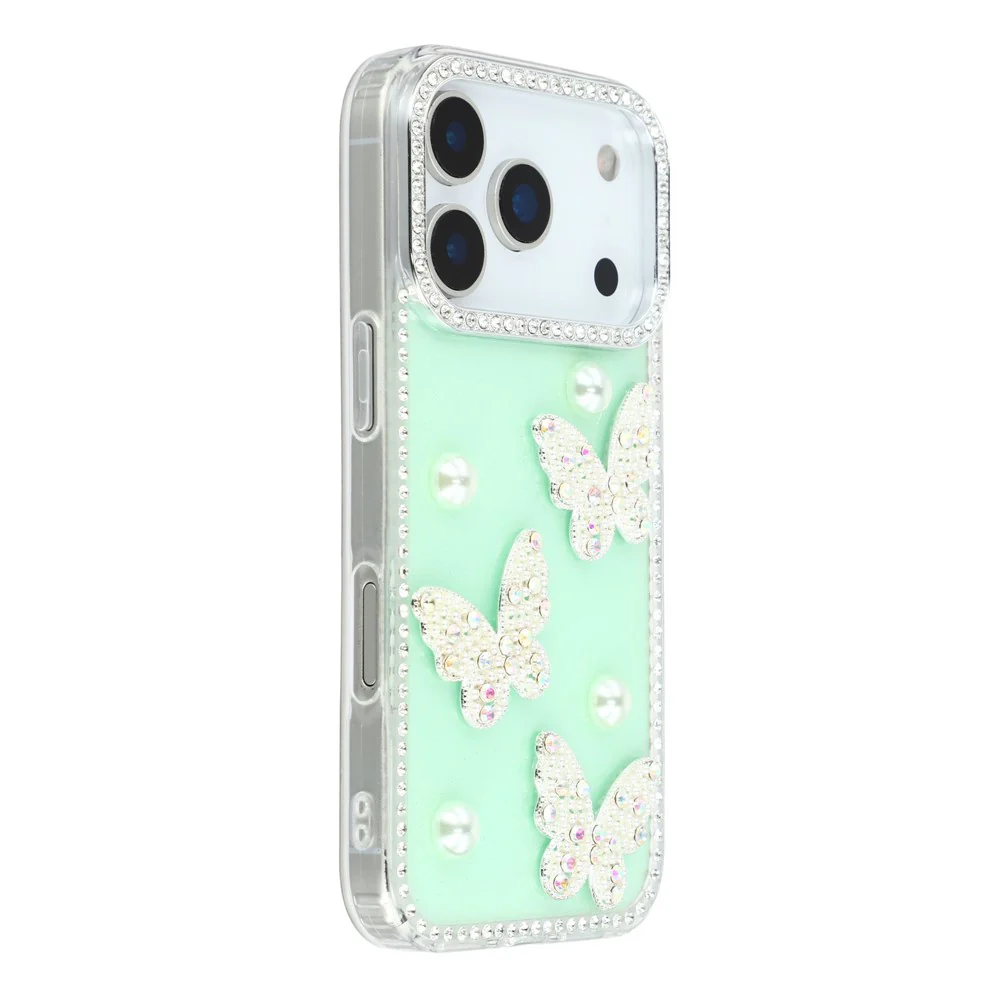 For iPhone 17 Pro Max Case Rhinestone Edge Pearl Butterfly Decor TPU + PC IMD Phone Cover - Glitter Light Green - Image 3