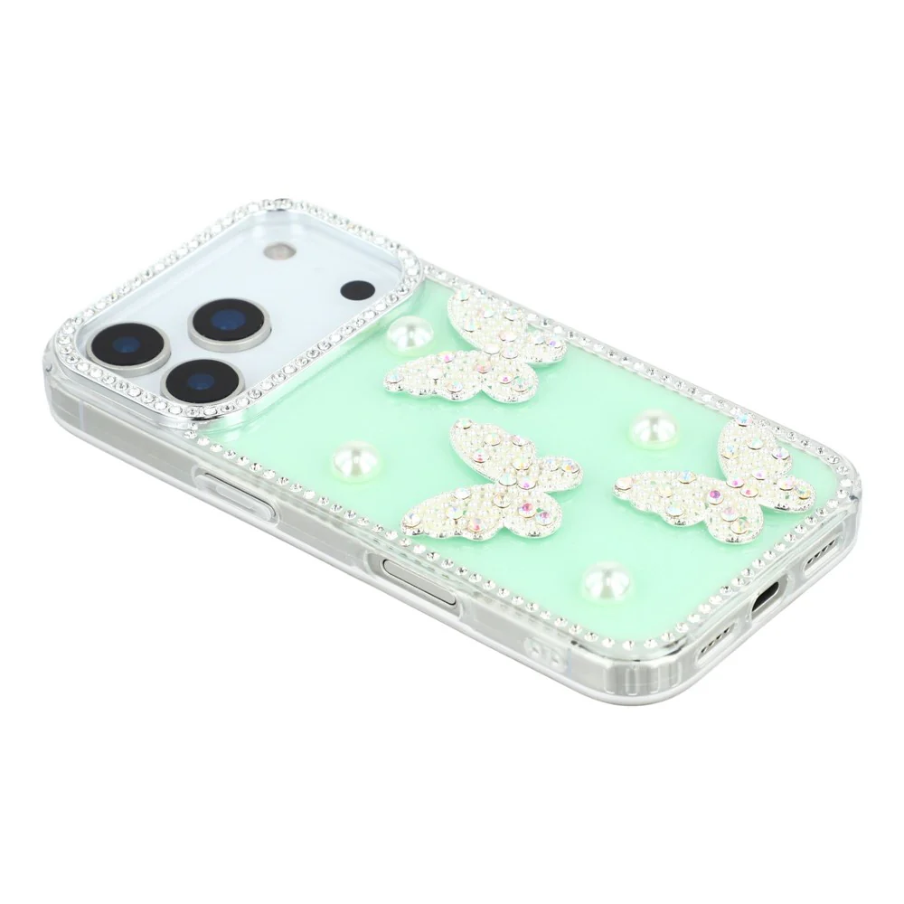 For iPhone 17 Pro Max Case Rhinestone Edge Pearl Butterfly Decor TPU + PC IMD Phone Cover - Glitter Light Green - Image 4