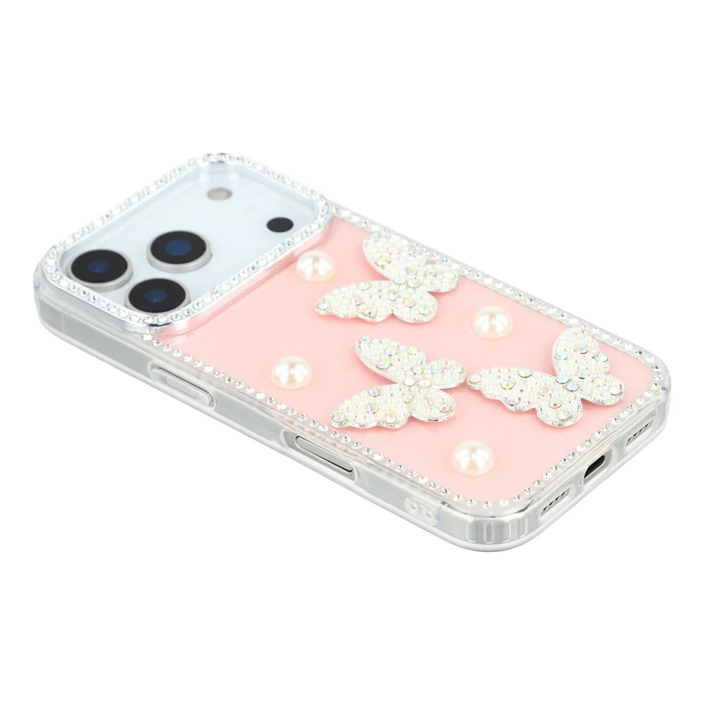 For iPhone 17 Pro Max Case Rhinestone Edge Pearl Butterfly Decor TPU + PC IMD Phone Cover - Glitter Light Pink - Image 4