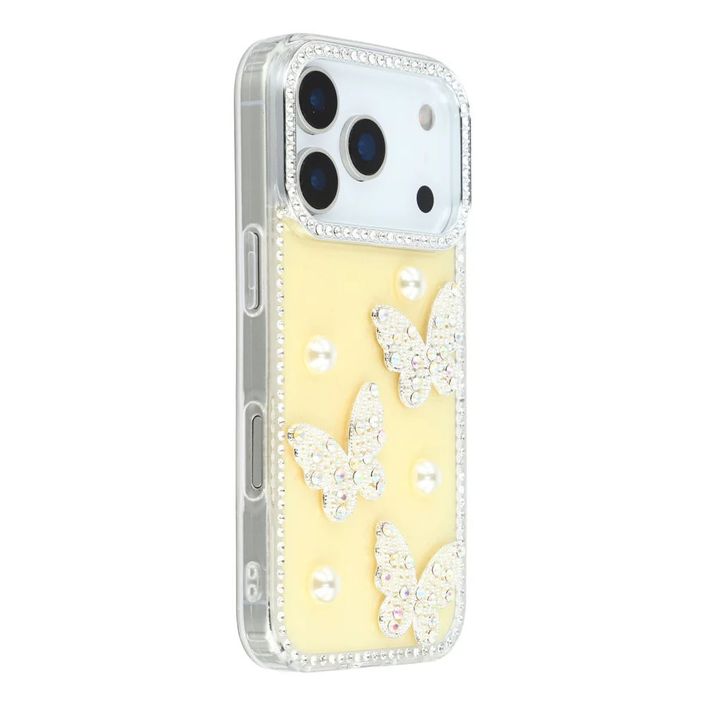 For iPhone 17 Pro Max Case Rhinestone Edge Pearl Butterfly Decor TPU + PC IMD Phone Cover - Glitter Light Yellow - Image 3