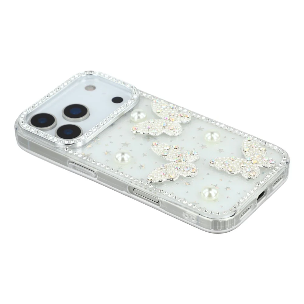 For iPhone 17 Pro Max Case Rhinestone Edge Pearl Butterfly Decor TPU + PC IMD Phone Cover - Starry Transparent - Image 4