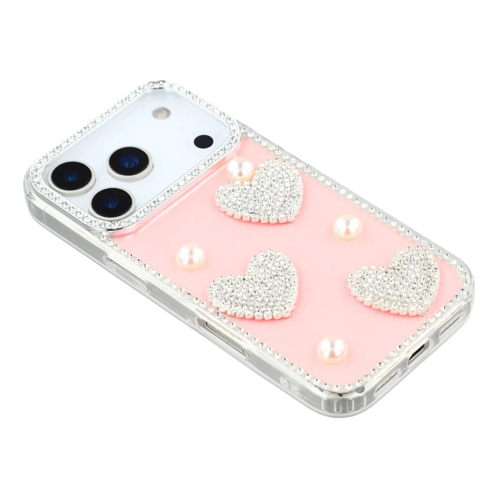 For iPhone 17 Pro Max Case Rhinestone Edge Pearl Love Decor TPU + PC IMD Phone Cover - Glitter Light Pink - Image 4