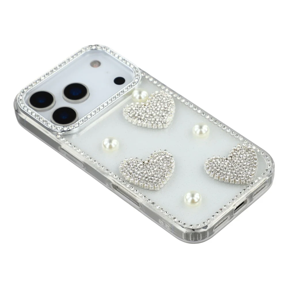 For iPhone 17 Pro Max Case Rhinestone Edge Pearl Love Decor TPU + PC IMD Phone Cover - Glitter Transparent - Image 5