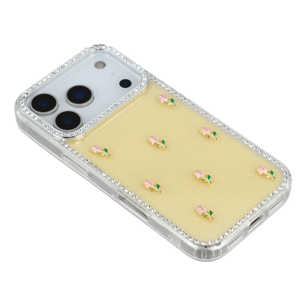 For iPhone 17 Pro Max Case Rhinestone Edge Small Tulips Decor TPU + PC IMD Phone Cover - Glitter Light Yellow - Image 4