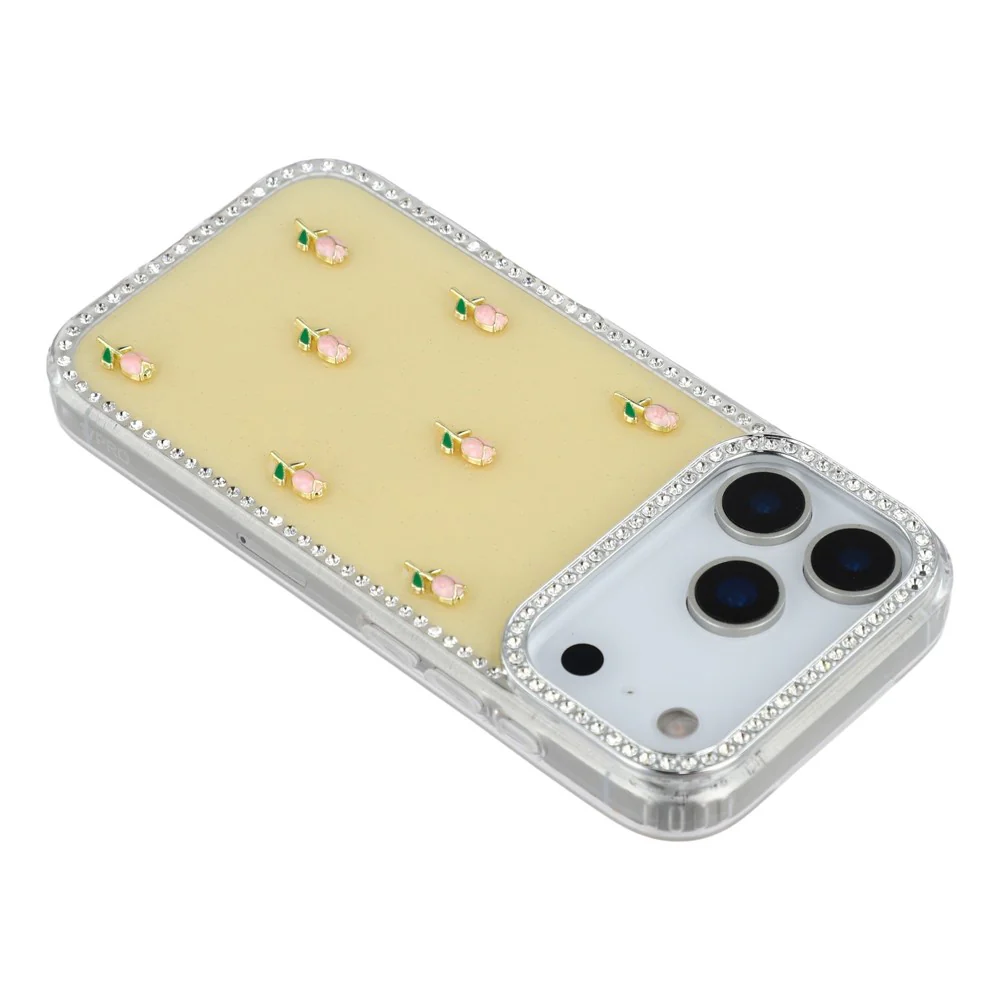 For iPhone 17 Pro Max Case Rhinestone Edge Small Tulips Decor TPU + PC IMD Phone Cover - Glitter Light Yellow - Image 5