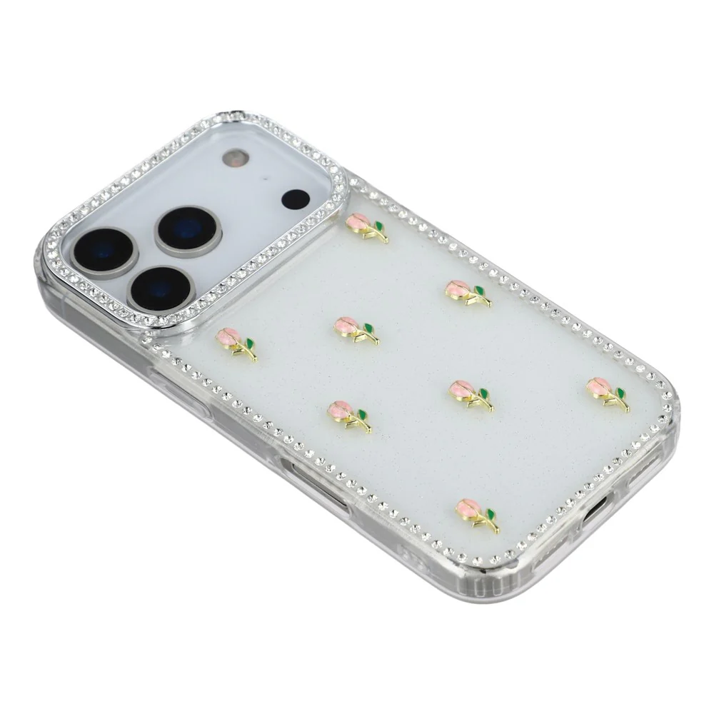 For iPhone 17 Pro Max Case Rhinestone Edge Small Tulips Decor TPU + PC IMD Phone Cover - Glitter Transparent - Image 4