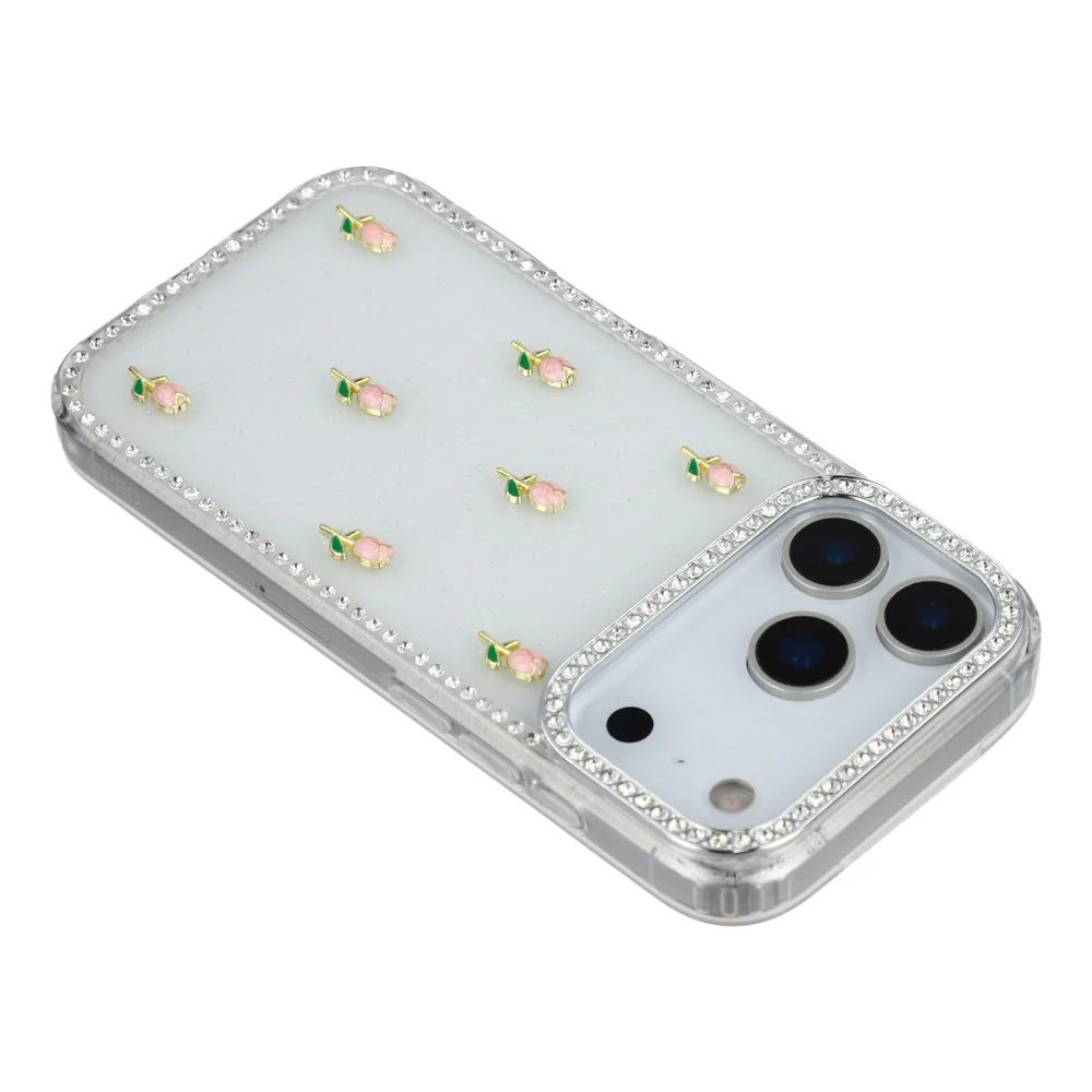 For iPhone 17 Pro Max Case Rhinestone Edge Small Tulips Decor TPU + PC IMD Phone Cover - Glitter Transparent - Image 5