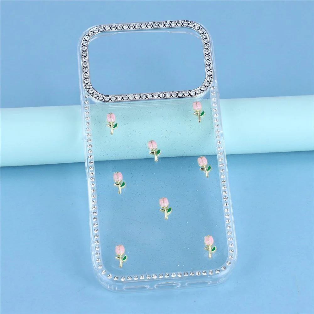 For iPhone 17 Pro Max Case Rhinestone Edge Small Tulips Decor TPU + PC IMD Phone Cover - Glitter Transparent - Image 6