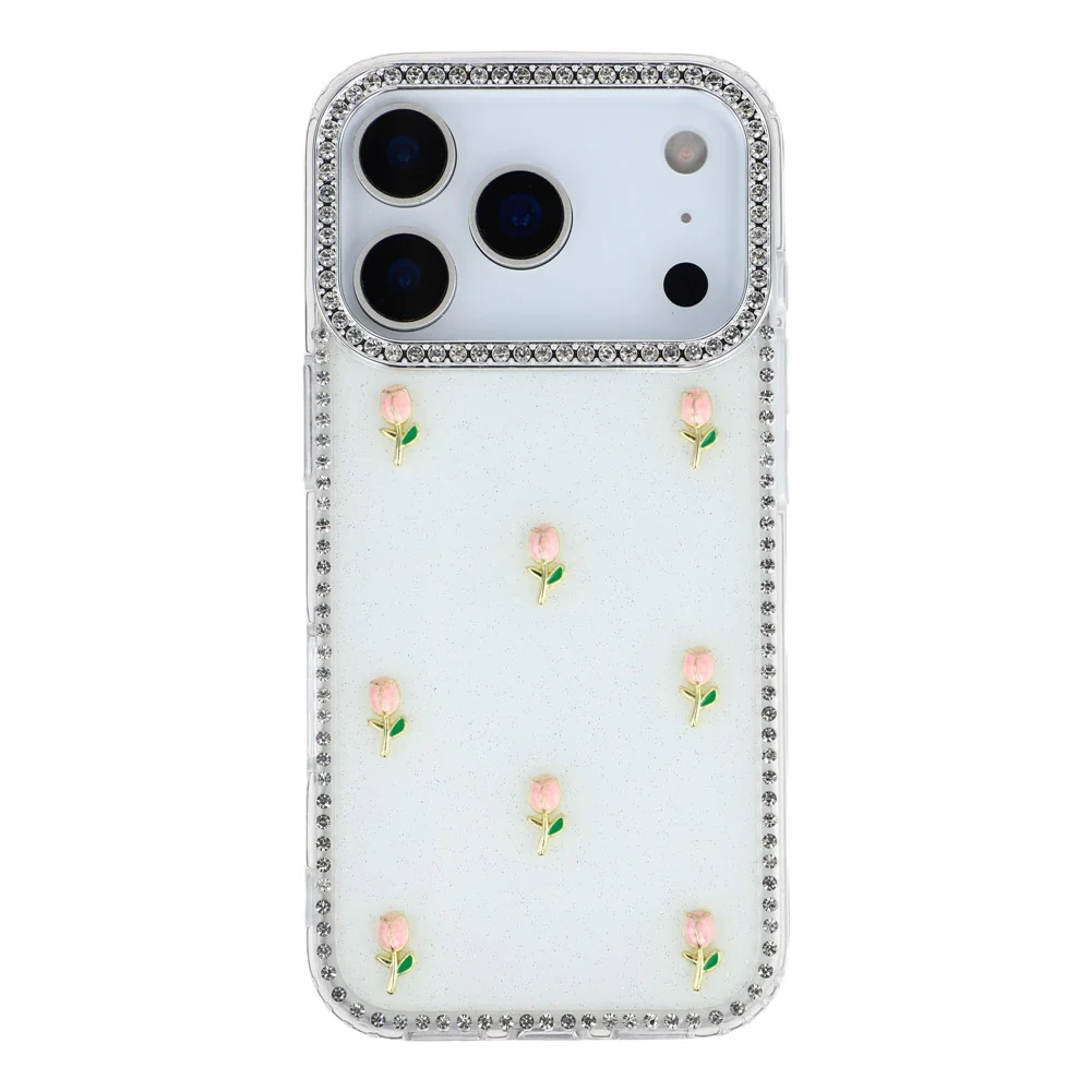 For iPhone 17 Pro Max Case Rhinestone Edge Small Tulips Decor TPU + PC IMD Phone Cover - Glitter White - Image 3