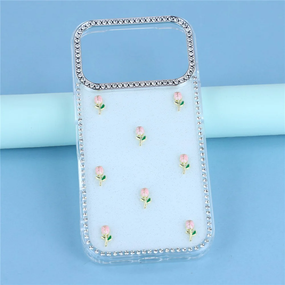 For iPhone 17 Pro Max Case Rhinestone Edge Small Tulips Decor TPU + PC IMD Phone Cover - Glitter White - Image 6