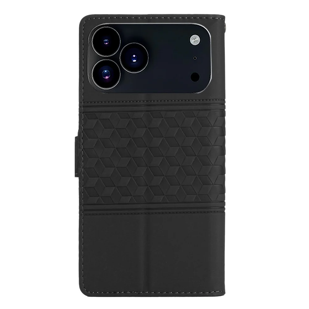 For iPhone 17 Pro Max Case Rhombus Leather Horizontal Flip Phone Cover with Wrist Strap - Black - Image 8