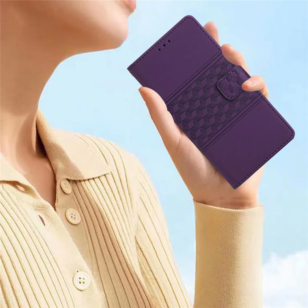 For iPhone 17 Pro Max Case Rhombus Leather Horizontal Flip Phone Cover with Wrist Strap - Purple - Image 6