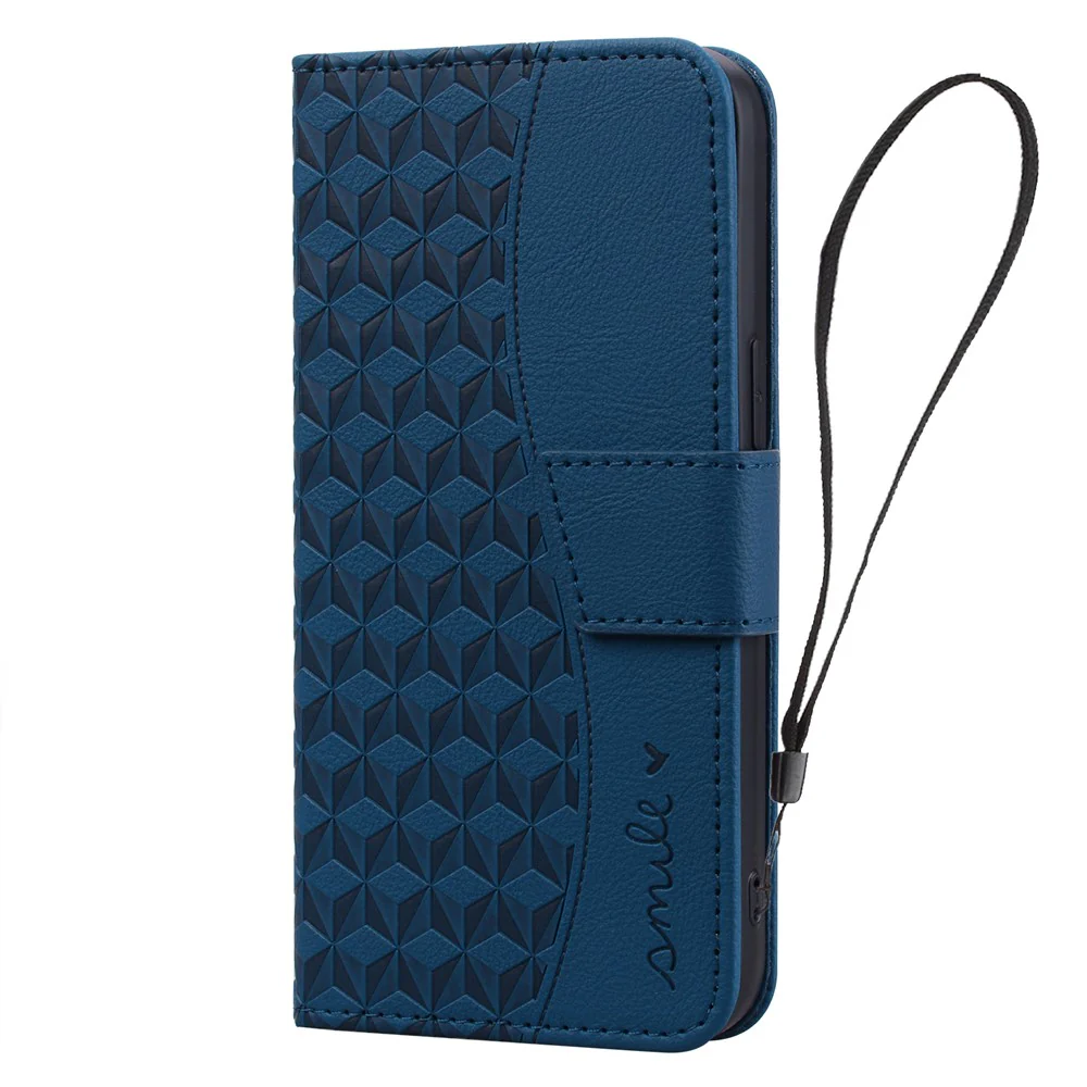 For iPhone 17 Pro Max Case Rhombus Pattern Leather Wallet Phone Cover with Wrist Strap - Blue - Image 6