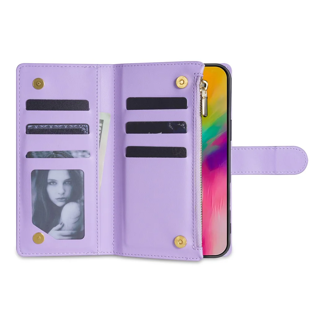 For iPhone 17 Pro Max Case Rhombus Stitching Leather Wallet Phone Cover with Long / Short Strap - Light Purple - Image 3