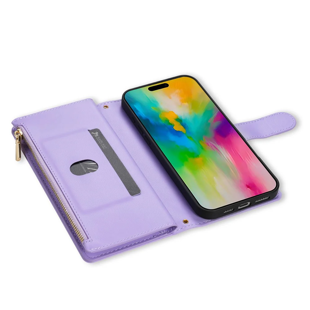 For iPhone 17 Pro Max Case Rhombus Stitching Leather Wallet Phone Cover with Long / Short Strap - Light Purple - Image 4