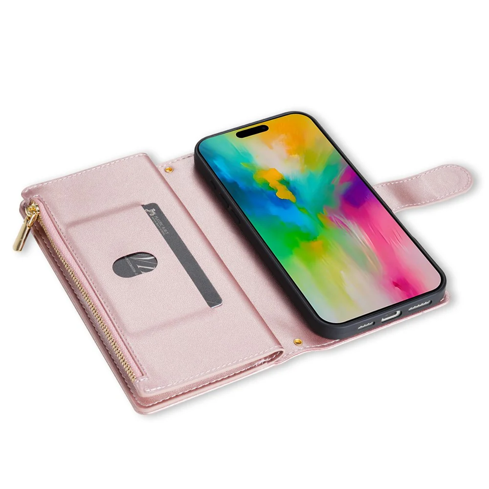 For iPhone 17 Pro Max Case Rhombus Stitching Leather Wallet Phone Cover with Long / Short Strap - Rose Gold - Image 4