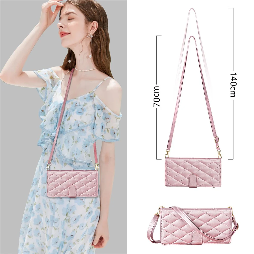 For iPhone 17 Pro Max Case Rhombus Stitching Leather Wallet Phone Cover with Long / Short Strap - Rose Gold - Image 8