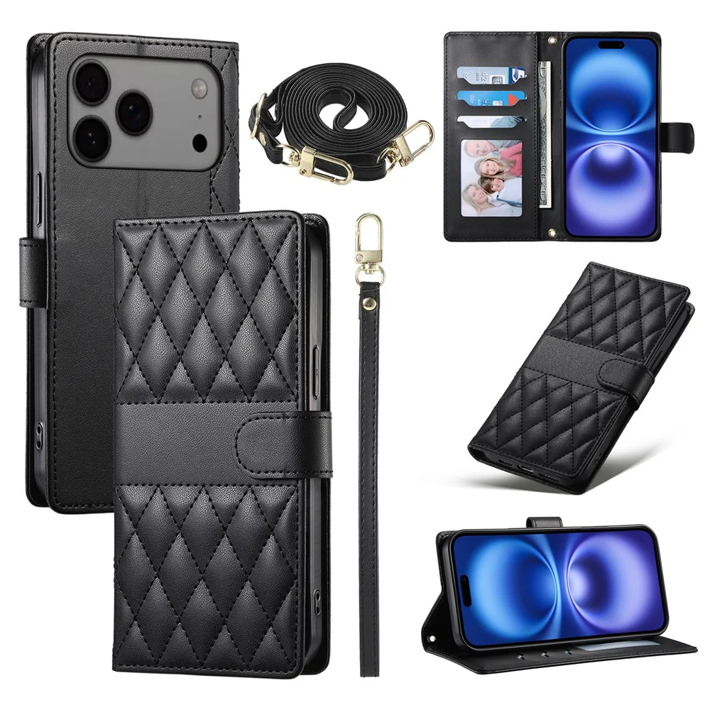 For iPhone 17 Pro Max Case Rhombus Stitching Wallet Stand Leather Phone Cover with Long / Short Strap - Black