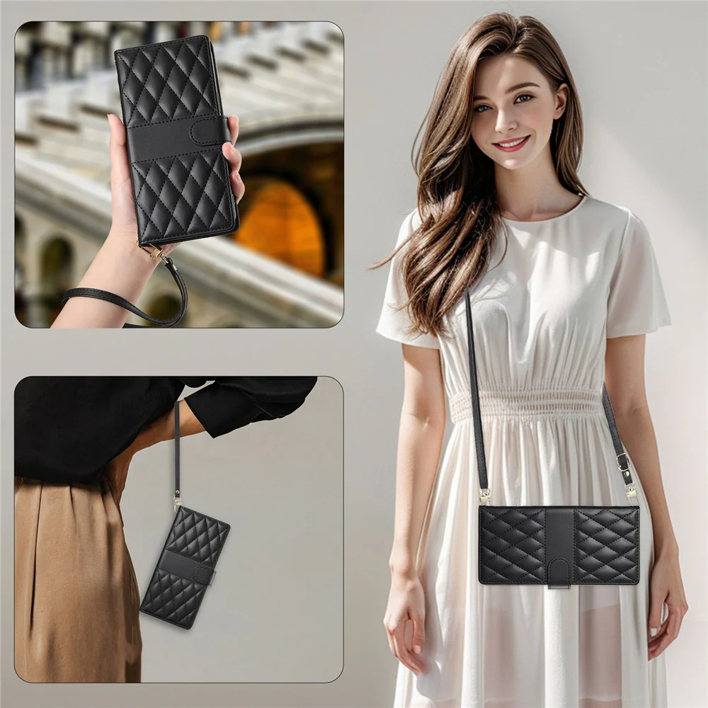 For iPhone 17 Pro Max Case Rhombus Stitching Wallet Stand Leather Phone Cover with Long / Short Strap - Black - Image 8