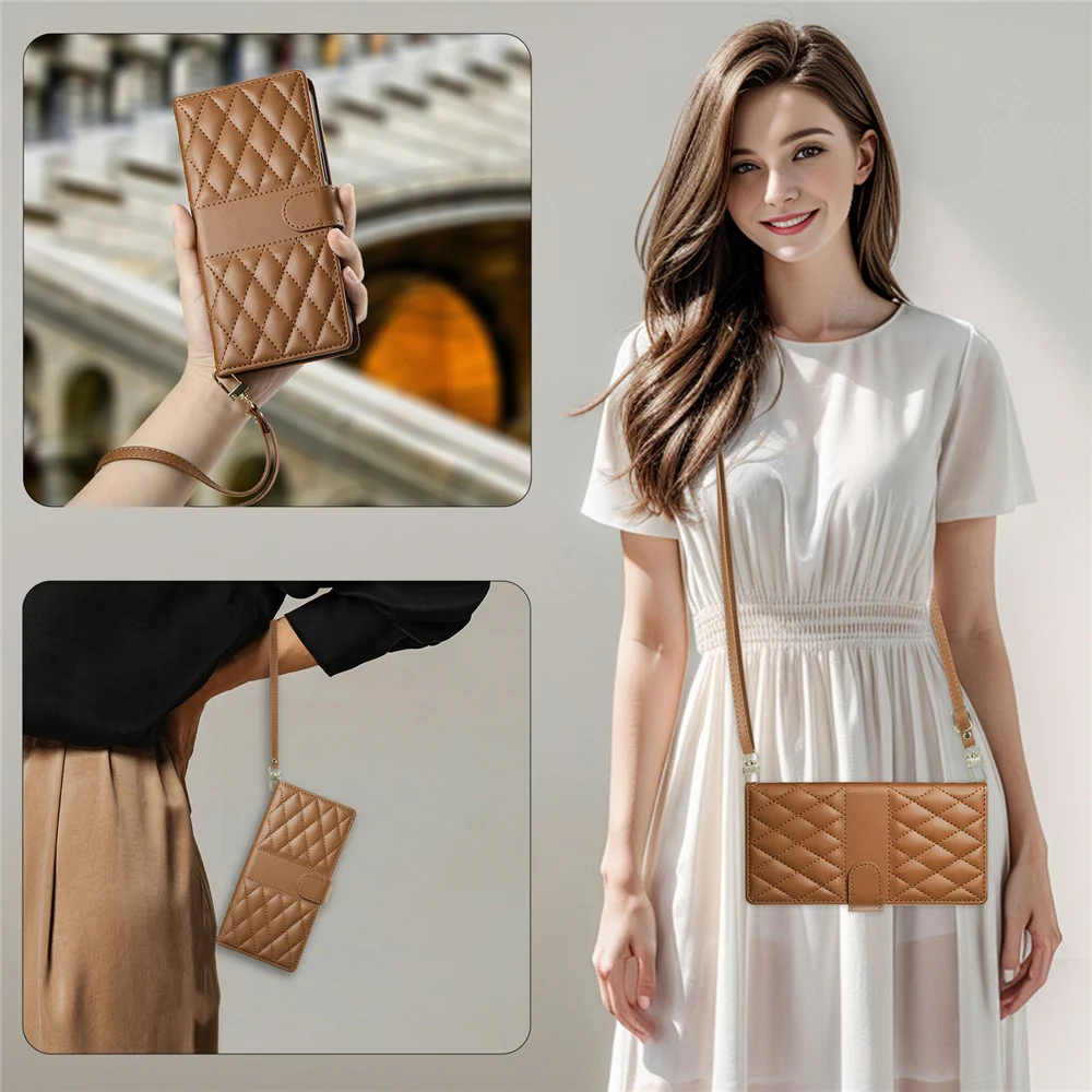 For iPhone 17 Pro Max Case Rhombus Stitching Wallet Stand Leather Phone Cover with Long / Short Strap - Brown - Image 8