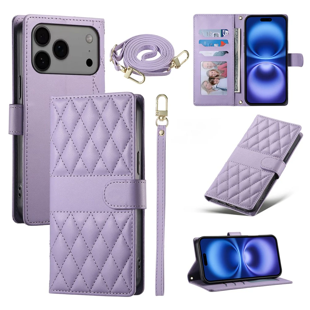 For iPhone 17 Pro Max Case Rhombus Stitching Wallet Stand Leather Phone Cover with Long / Short Strap - Purple