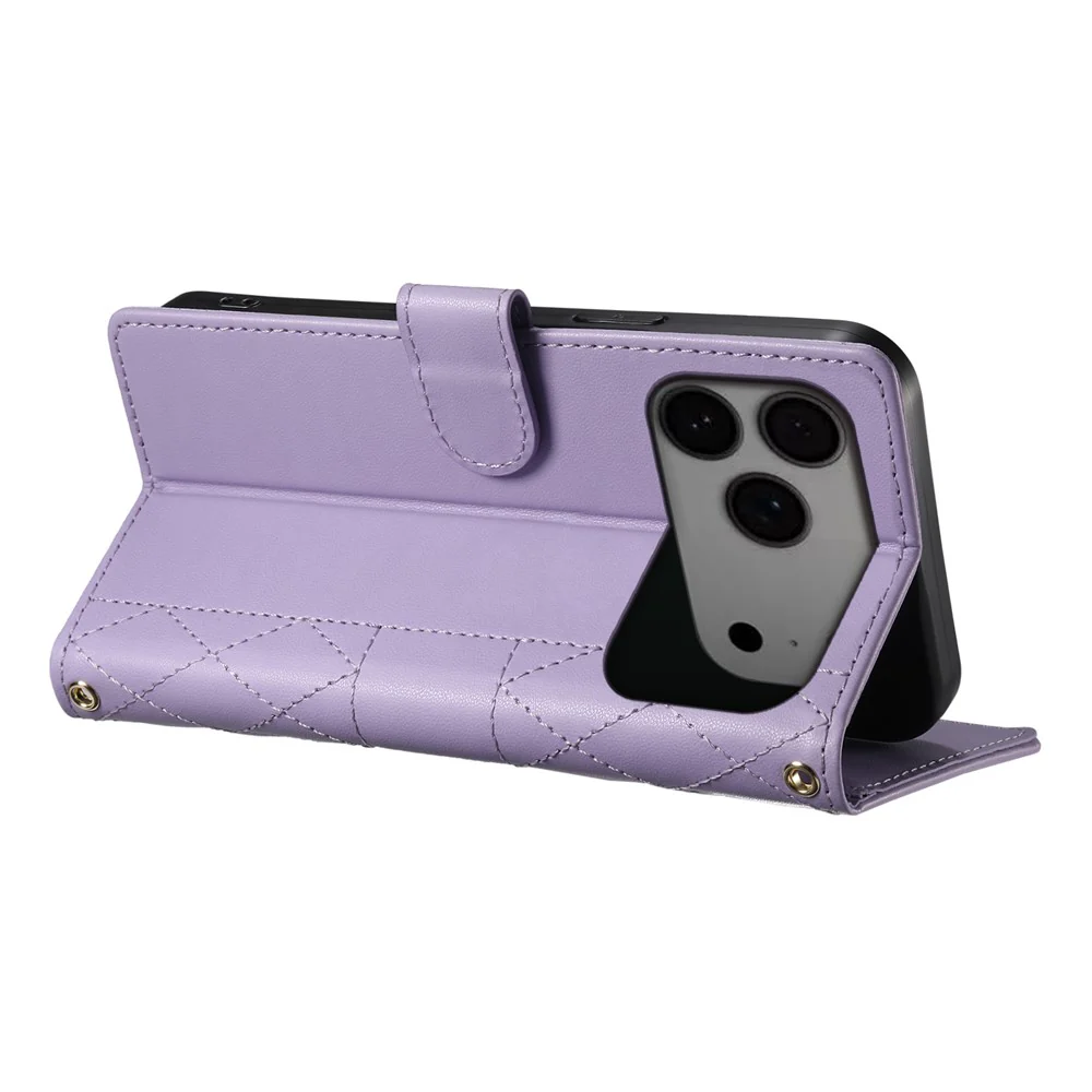 For iPhone 17 Pro Max Case Rhombus Stitching Wallet Stand Leather Phone Cover with Long / Short Strap - Purple - Image 4