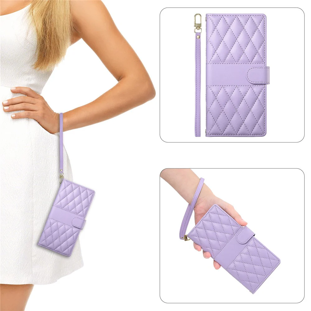 For iPhone 17 Pro Max Case Rhombus Stitching Wallet Stand Leather Phone Cover with Long / Short Strap - Purple - Image 7