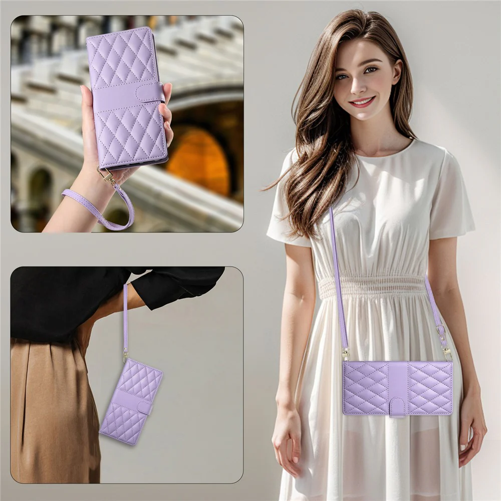 For iPhone 17 Pro Max Case Rhombus Stitching Wallet Stand Leather Phone Cover with Long / Short Strap - Purple - Image 8