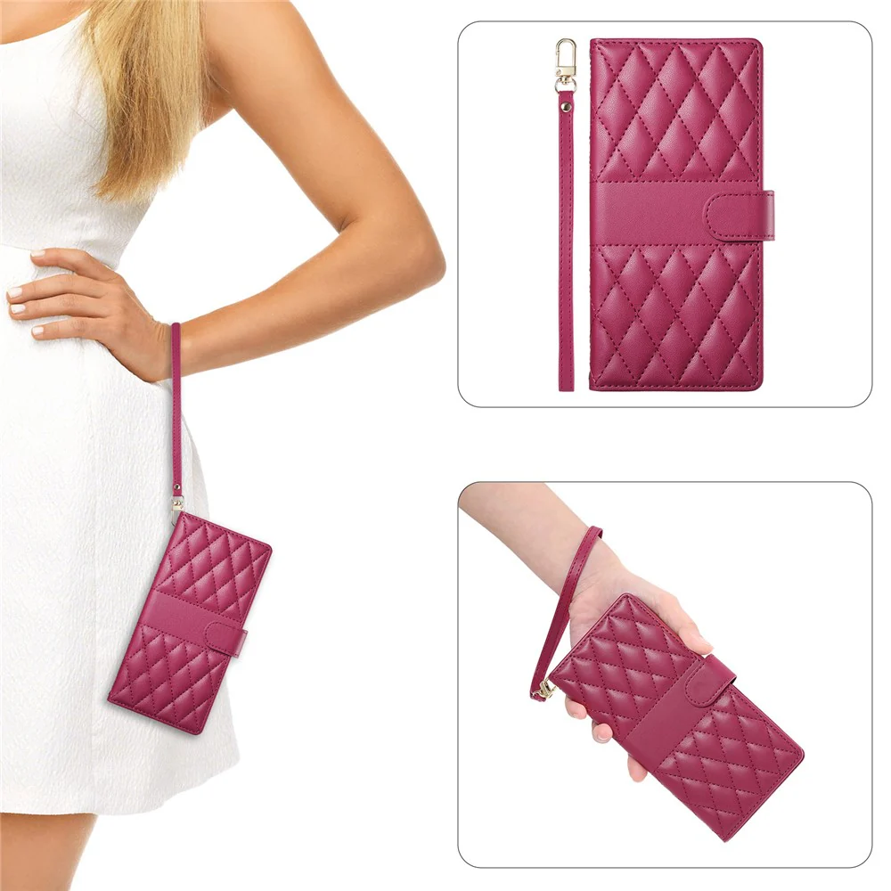 For iPhone 17 Pro Max Case Rhombus Stitching Wallet Stand Leather Phone Cover with Long / Short Strap - Red - Image 7