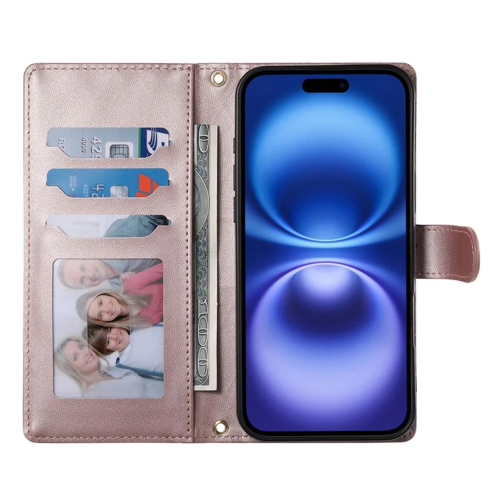 For iPhone 17 Pro Max Case Rhombus Stitching Wallet Stand Leather Phone Cover with Long / Short Strap - Rose Gold - Image 2