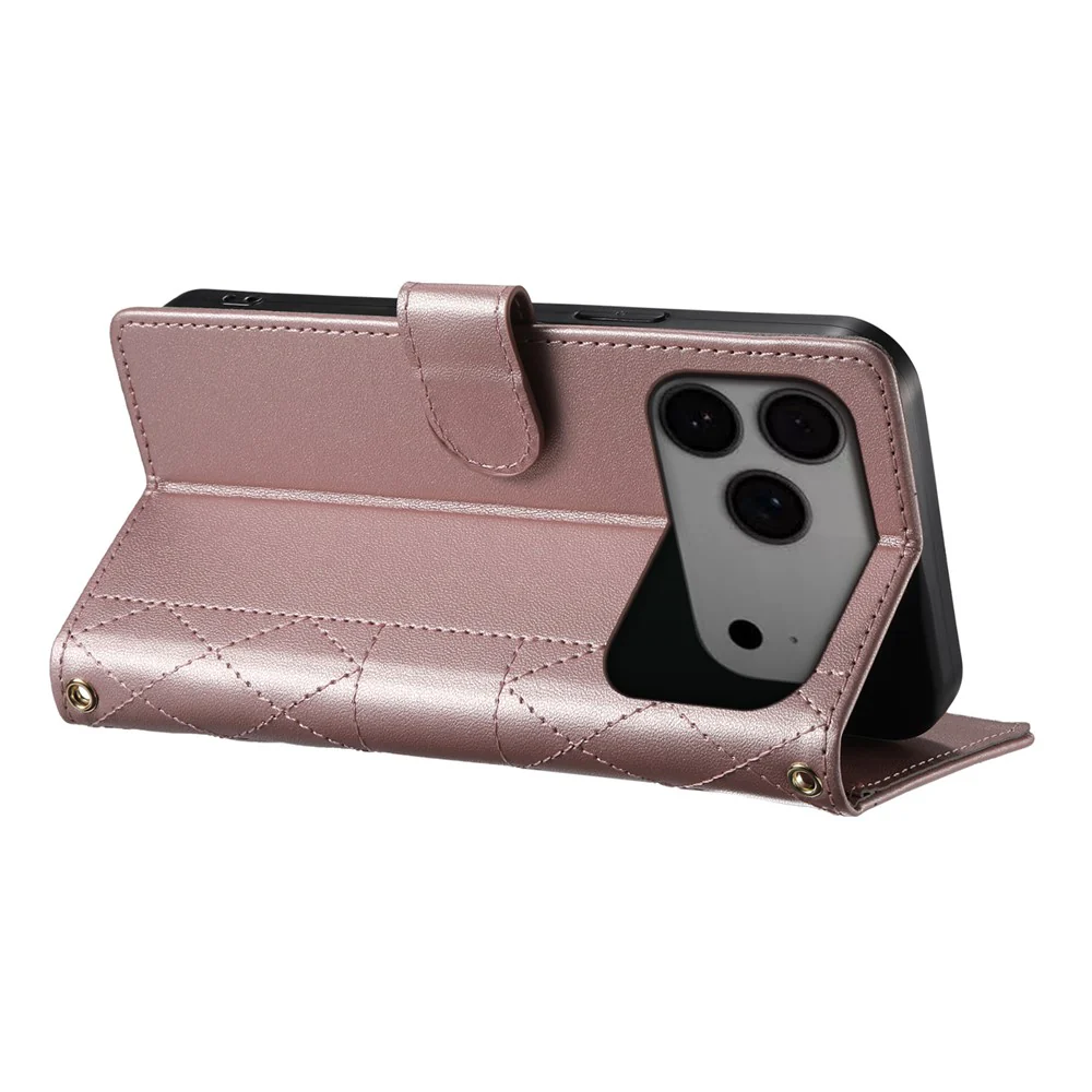 For iPhone 17 Pro Max Case Rhombus Stitching Wallet Stand Leather Phone Cover with Long / Short Strap - Rose Gold - Image 4