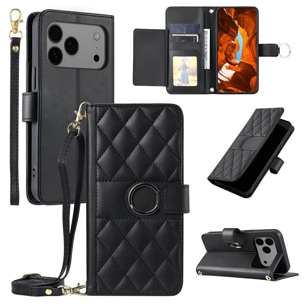 For iPhone 17 Pro Max Case Ring Buckle Wallet Stand Rhombus Crossbody Leather Mobile Cover - Black
